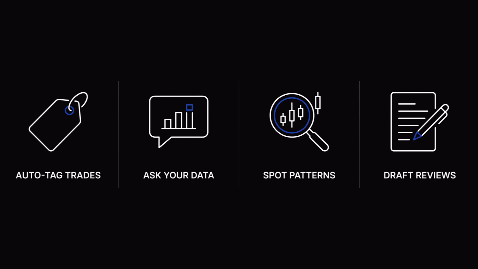 The four things AI actually does inside a trading journal: auto-tag trades, answer plain-language questions over your data, spot patterns, and draft reviews.